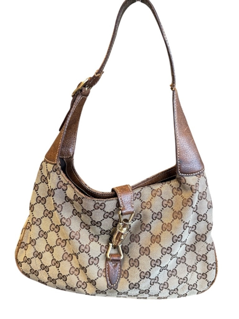 Vintage Gucci Jackie 1961 GG Supreme Monogram Canvas Shoulder Bag Brown Cream - Picture 1 of 12